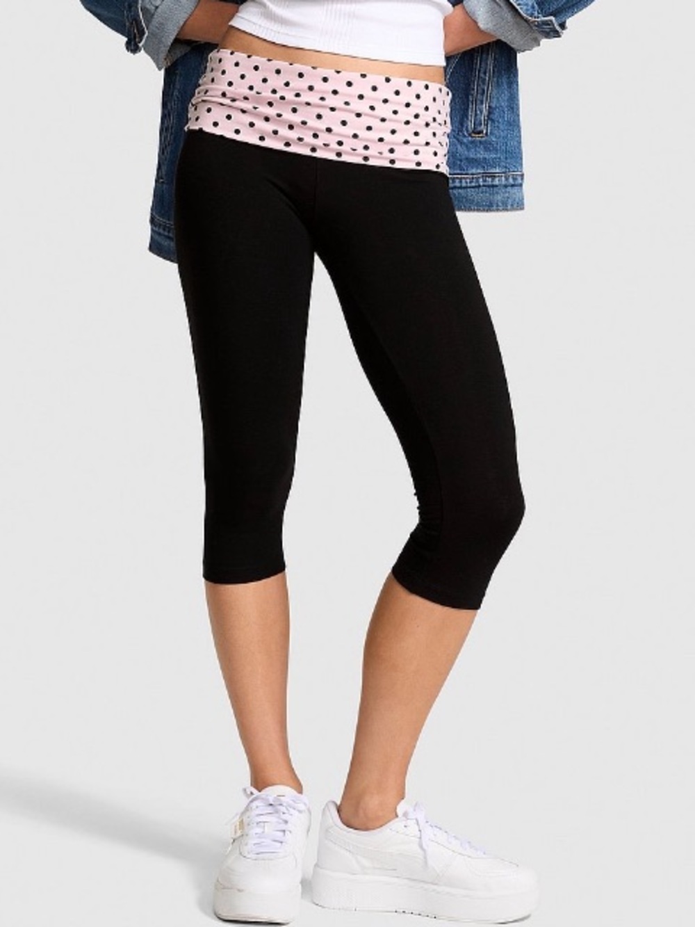 🩷VS Pink polka dot foldover waist cotton capri leggings sz L NWT